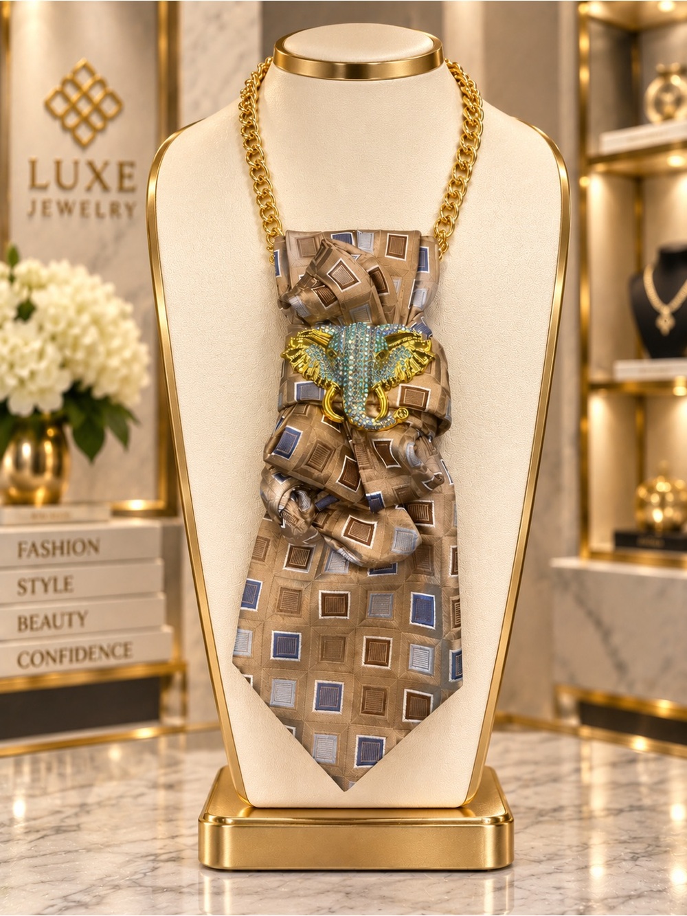 OOAK Handcrafted 100% Silk Tie Necklace Gold Brown Elephant Wearable Art NWOT